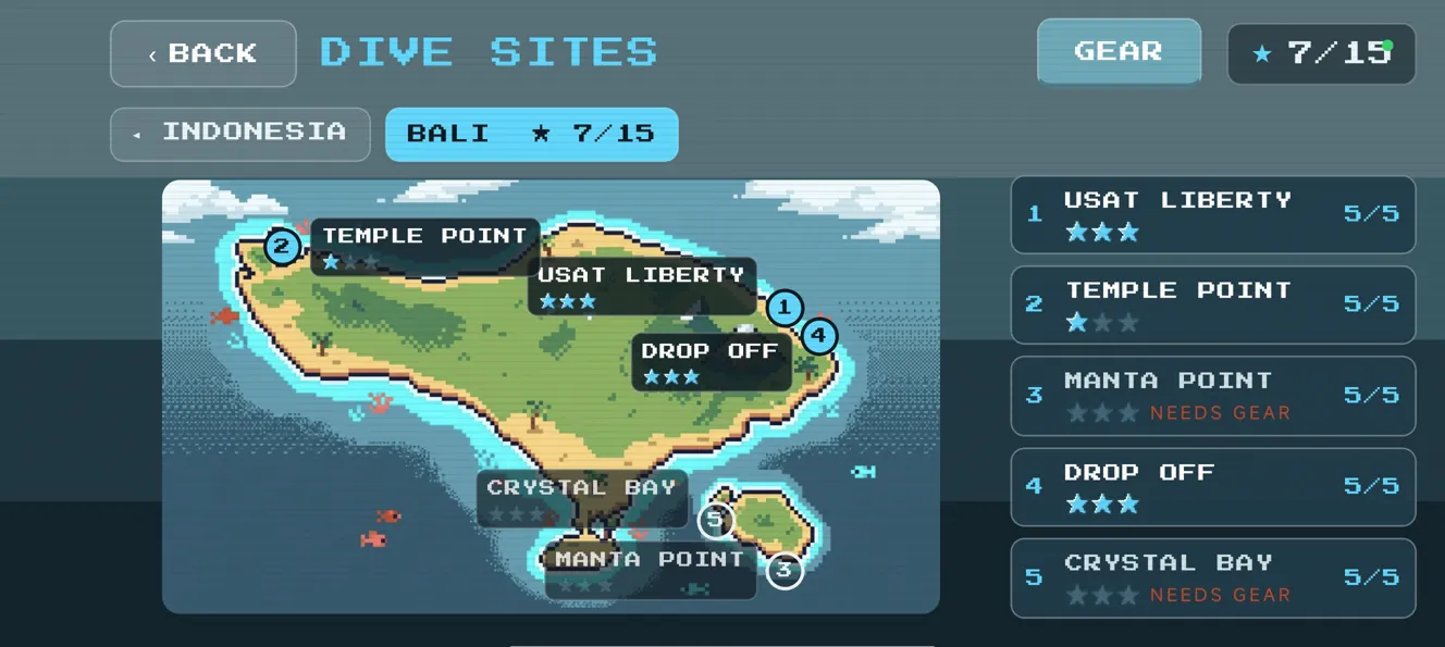 The Bali dive sites map in the game, five pins with their stars