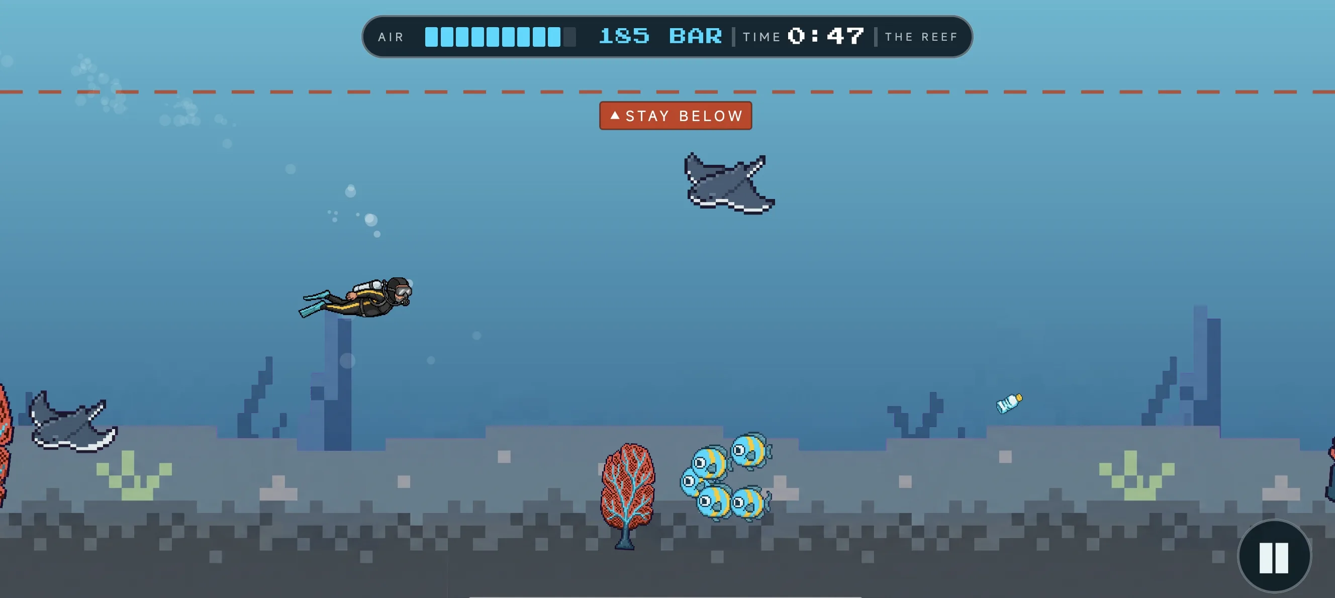 Bob the diver swimming from the reef through open water to the wreck, fish and mantas passing, picking up plastic