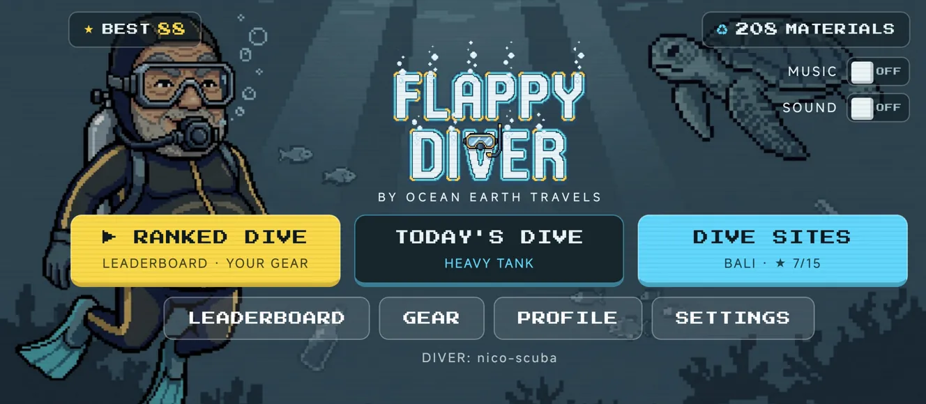 The main menu with Ranked Dive, Today's Dive and Dive Sites
